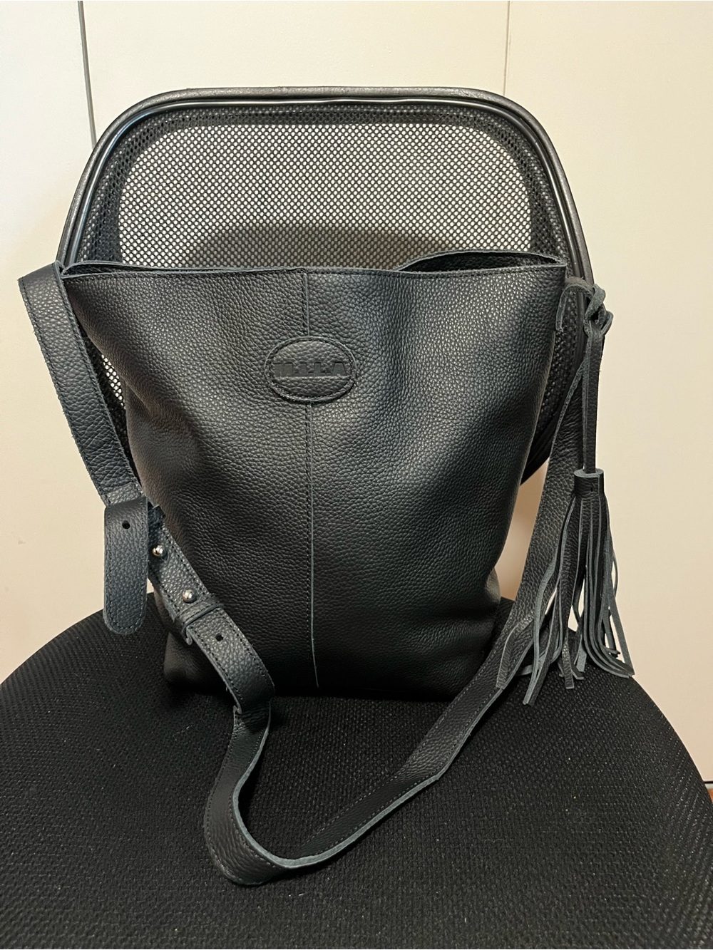 Women's Black Leather Tassel Shoulder Bag with tassel crossbody bucket style